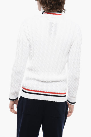 Turtleneck Cable Knit Cotton Sweater with Embroidered Emblem
