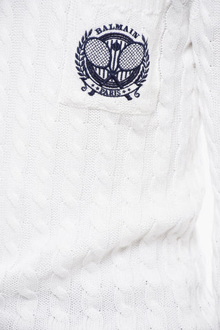 Turtleneck Cable Knit Cotton Sweater with Embroidered Emblem