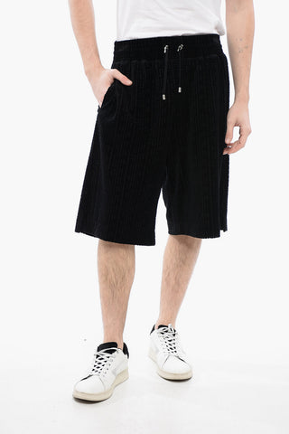 Monogram Patterned Velour Shorts with Drawstringed Waist