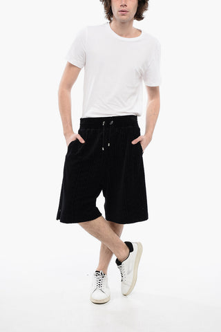 Monogram Patterned Velour Shorts with Drawstringed Waist