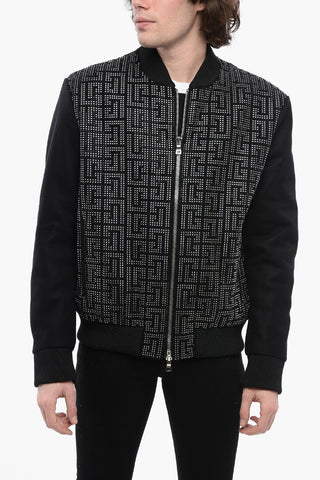 Wool Blend Bomber jacket with Rhinestoned Monogram Pattern