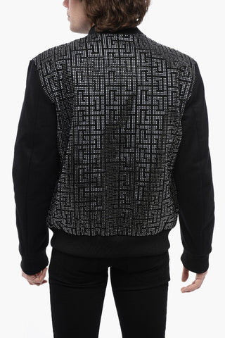 Wool Blend Bomber jacket with Rhinestoned Monogram Pattern