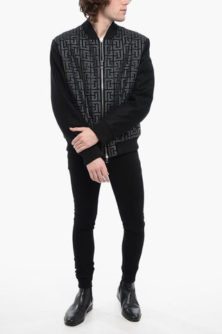 Wool Blend Bomber jacket with Rhinestoned Monogram Pattern