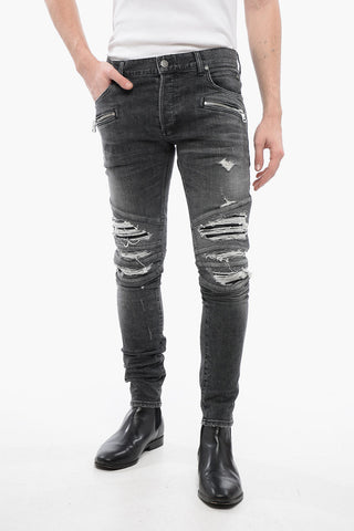 Multi-Taschen-Jeans aus Denim im Distressed-Look mit Biker-Ledereinsätzen 14cm