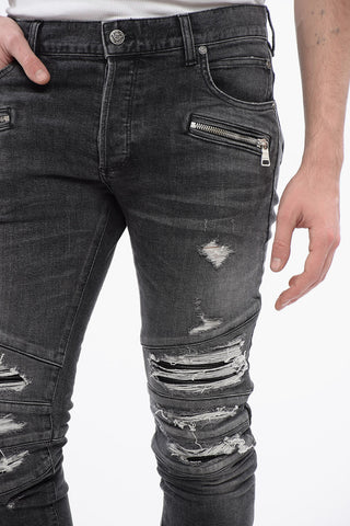 Multi-Taschen-Jeans aus Denim im Distressed-Look mit Biker-Ledereinsätzen 14cm