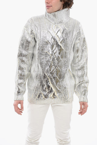 Lamè Coated Wool Blend Pullover with Turtleneck