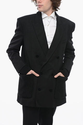 Blazer Doppiopetto in Lana Twill con Polsini e Tasche in Maglia