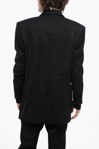 Double-breasted Twill Wool Blazer with Knitted Pockets and Cuffs