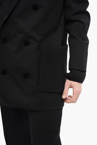 Double-breasted Twill Wool Blazer with Knitted Pockets and Cuffs