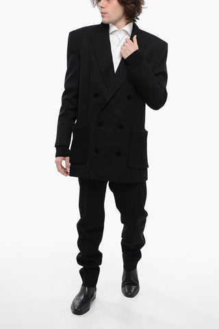 Double-breasted Twill Wool Blazer with Knitted Pockets and Cuffs