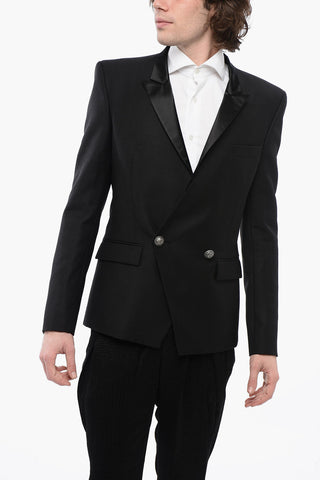 Double-breasted Wool Blazer with Satin Peak Lapel