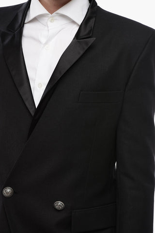 Double-breasted Wool Blazer with Satin Peak Lapel
