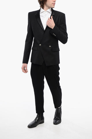 Double-breasted Wool Blazer with Satin Peak Lapel