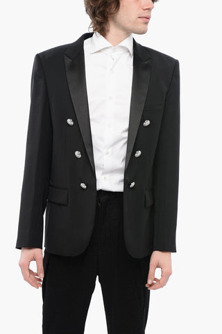 Double-breasted Wool Blend Blazer with Satin Lapel
