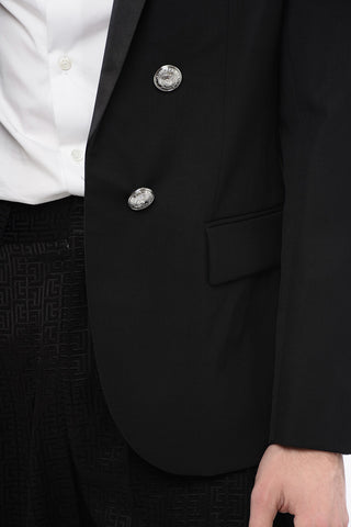 Double-breasted Wool Blend Blazer with Satin Lapel