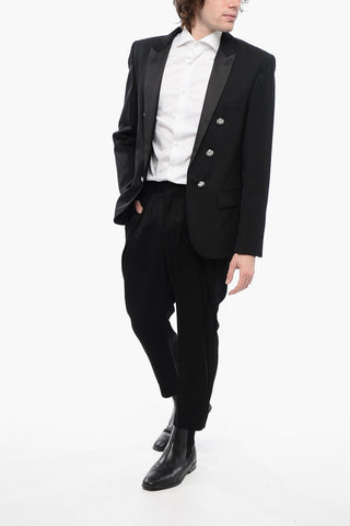 Double-breasted Wool Blend Blazer with Satin Lapel