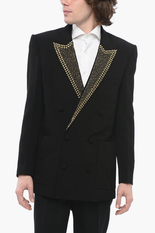Double-breasted Viscose Blazer with Studded Peak Lapel