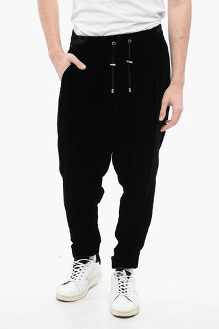 Low-Crotch Velour Pants with Elastic Waistband