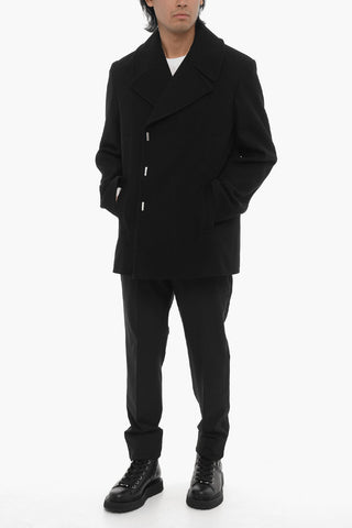 Peacoat in Lana a Tinta Unita con Gancetti in Metallo Logati