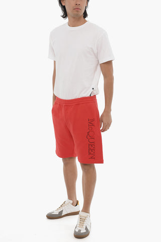 Shorts in Cotone Garzato a Tinta Unita con Logo in Rilievo