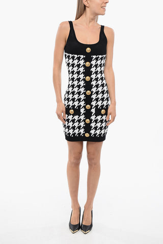 Hounstooth Knitted Minidress with Logoed Buttons