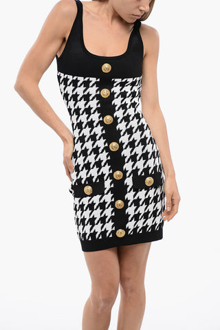 Hounstooth Knitted Minidress with Logoed Buttons