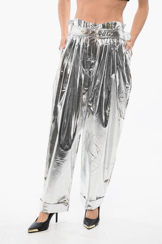 Pantaloni Baggy Fit A Vita Alta Con Pinces Effetto Metallizzato