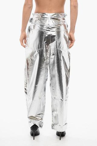 Pantaloni Baggy Fit A Vita Alta Con Pinces Effetto Metallizzato