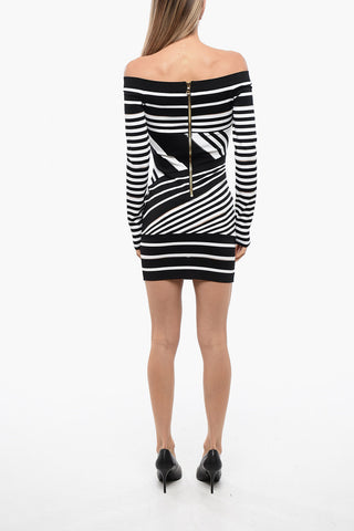 Knitted Off-Shoulder Sheath Dress with Striped Motif