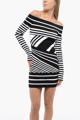 Knitted Off-Shoulder Sheath Dress with Striped Motif