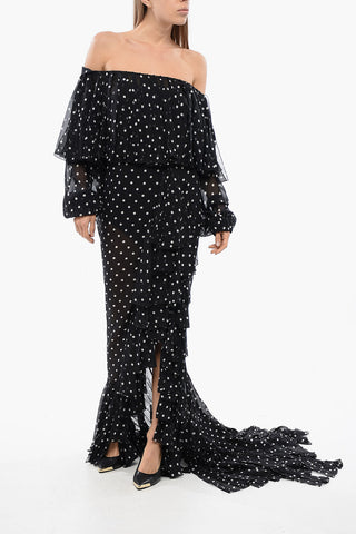 Long Polka-Dot Dress with Boat Neck and Fringes