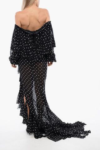Long Polka-Dot Dress with Boat Neck and Fringes