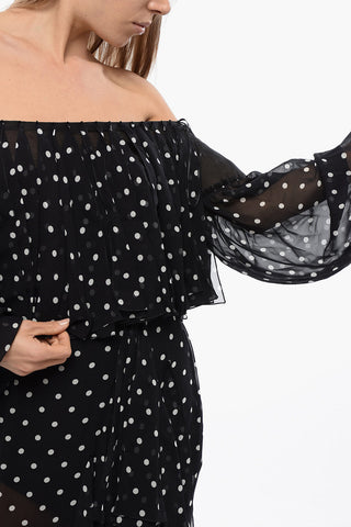 Long Polka-Dot Dress with Boat Neck and Fringes