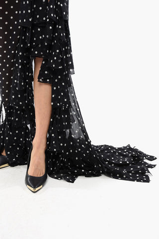 Long Polka-Dot Dress with Boat Neck and Fringes