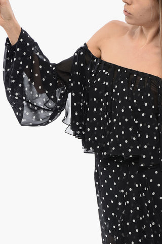 Long Polka-Dot Dress with Boat Neck and Fringes