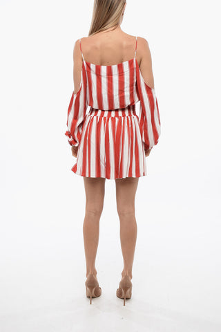 Viscose Mini Dress with Balanced Stripes and Cold-Shoulder Design