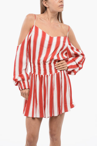 Viscose Mini Dress with Balanced Stripes and Cold-Shoulder Design