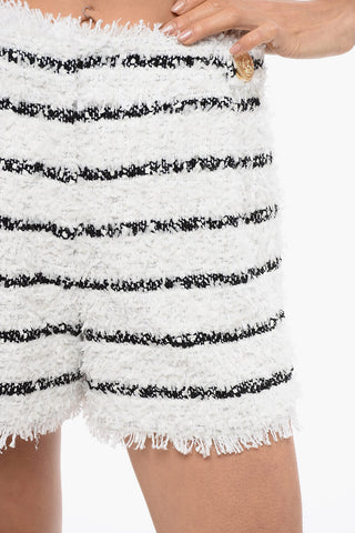 Cotton Blend Eyelash Shorts with Buttons and Striped Motif