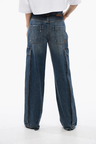 Jeans Cargo a Gamba Dritta con Orlo Sfrangiato 26cm