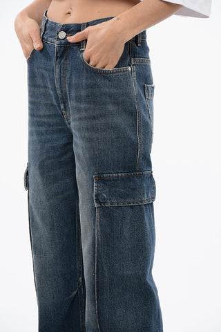 Jeans Cargo a Gamba Dritta con Orlo Sfrangiato 26cm