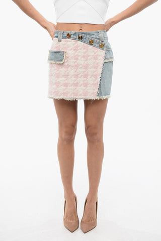 Denim Mini Skirt With Houndstooth Detail