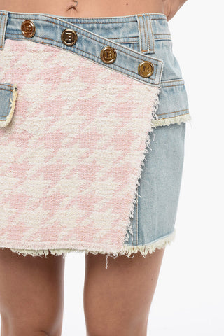 Denim Mini Skirt With Houndstooth Detail