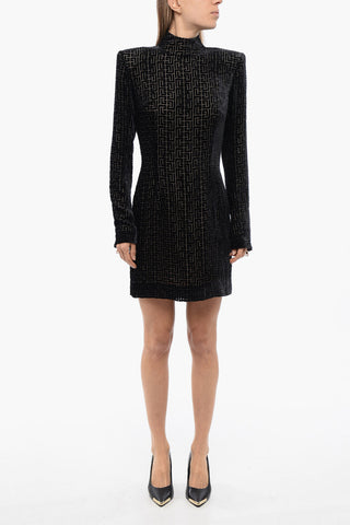 Monogram Patterned Flocked Mesh Sheath Dress