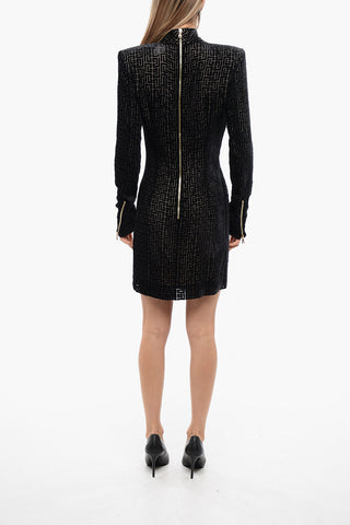 Monogram Patterned Flocked Mesh Sheath Dress