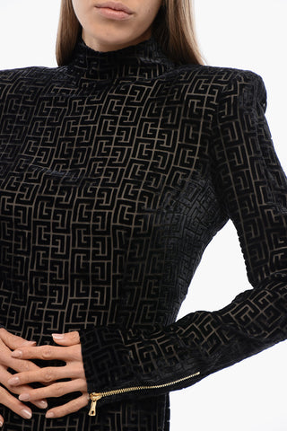 Monogram Patterned Flocked Mesh Sheath Dress