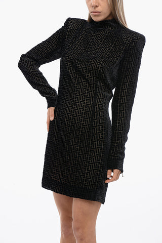 Monogram Patterned Flocked Mesh Sheath Dress