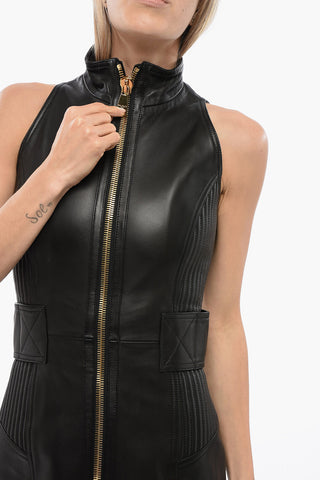 레더 홀터넥 드레스 바이커 디테일 풀 지퍼