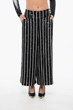 High-Waisted Striped Trousers with Sequins