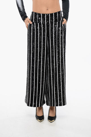 High-Waisted Striped Trousers with Sequins