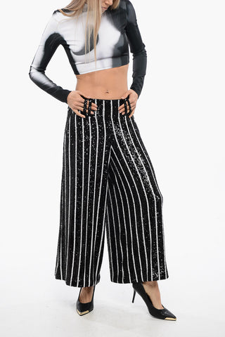 High-Waisted Striped Trousers with Sequins